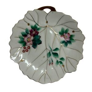 Vintage Hand Painted Leaf Shaped Plate trivet Dish hand painted floral Gold trim